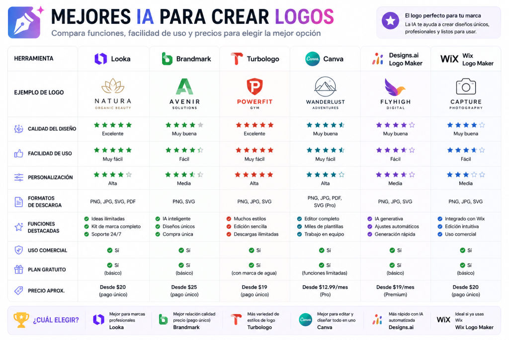 Tabla comparativa visual de las principales IA para crear logos